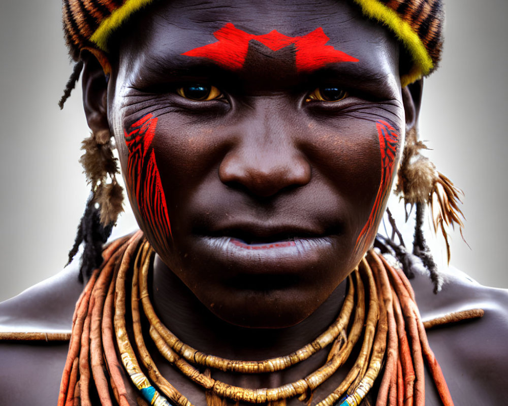 Portrait of individual with traditional face paint and headdress.