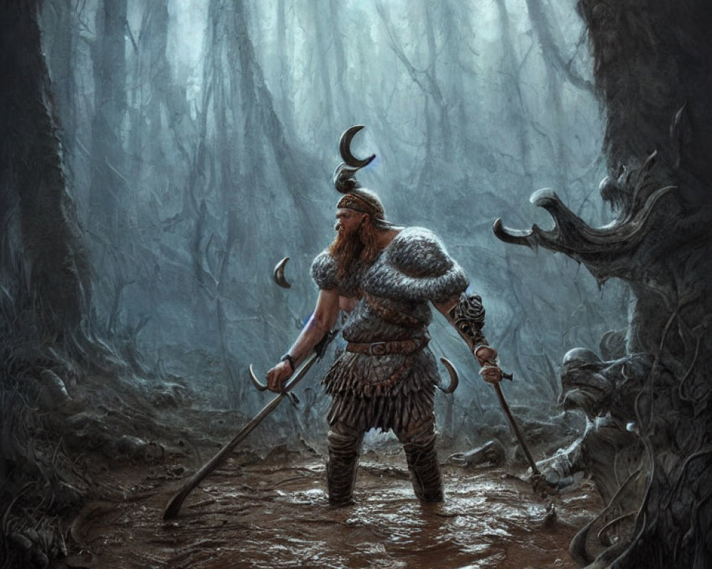 Burly warrior in fur armor wields axes in dark, misty forest.