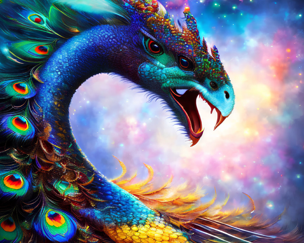 Colorful Dragon Artwork with Peacock Feather-Like Scales on Cosmic Background