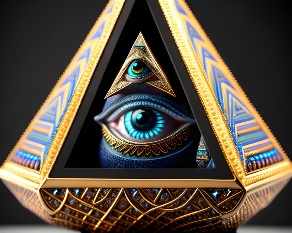 Surreal eye design in ornate triangular frame with intricate details