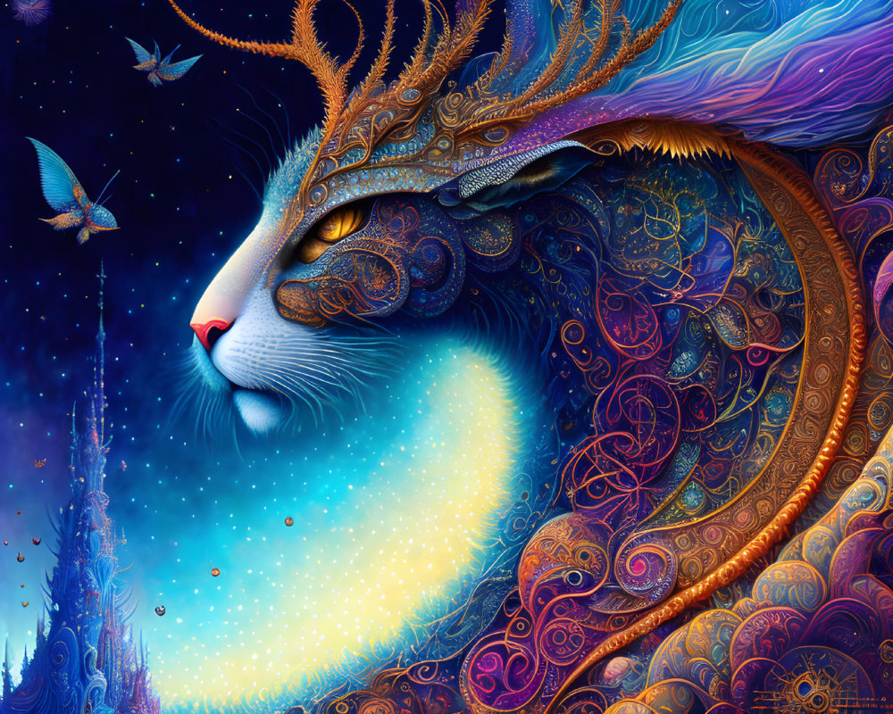 Colorful cosmic cat illustration with ornate patterns in starry night sky