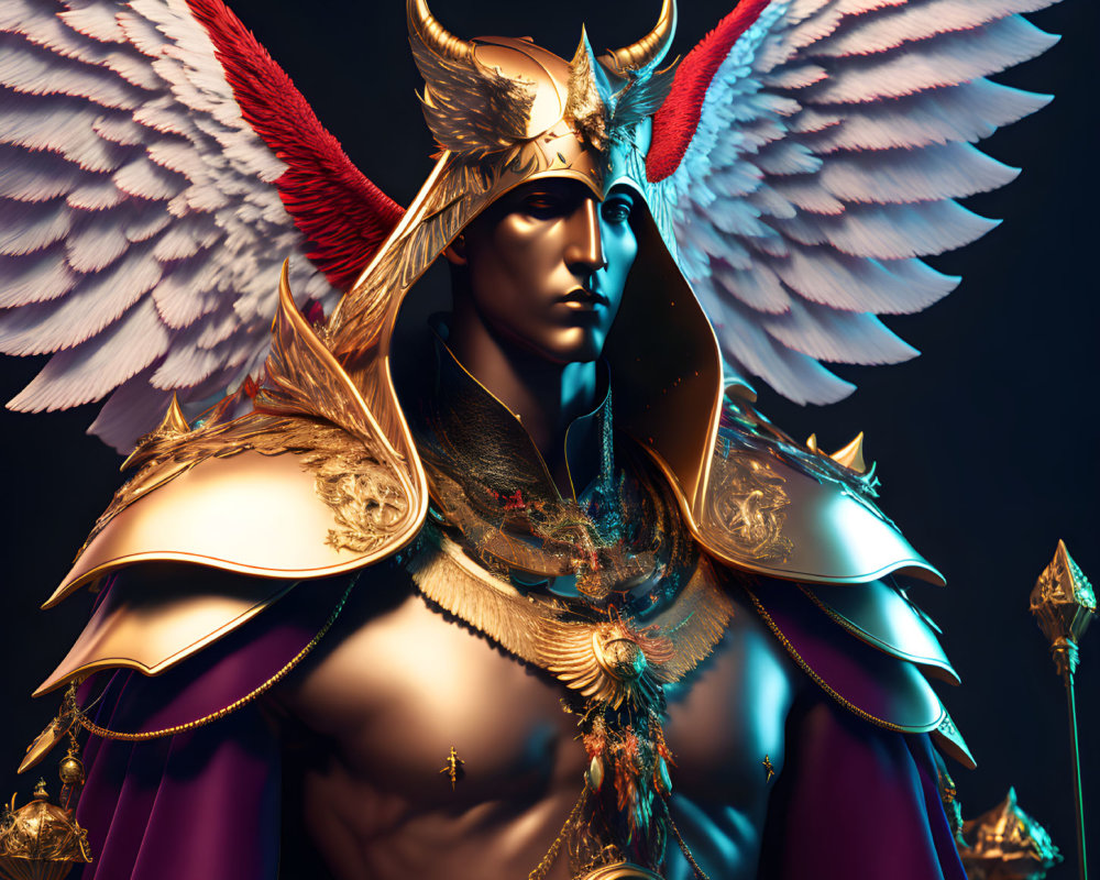 Golden-armored fantasy figure with winged helmet and feathered wings on dark background