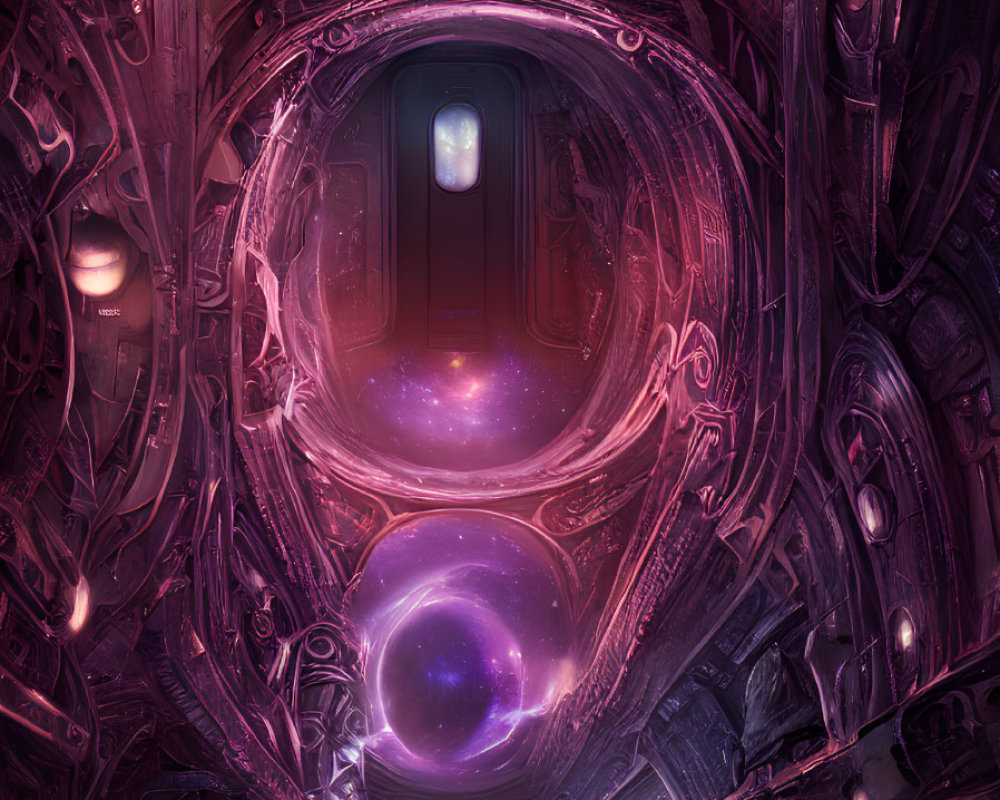 Futuristic corridor with glowing pink and purple hues and metallic structures