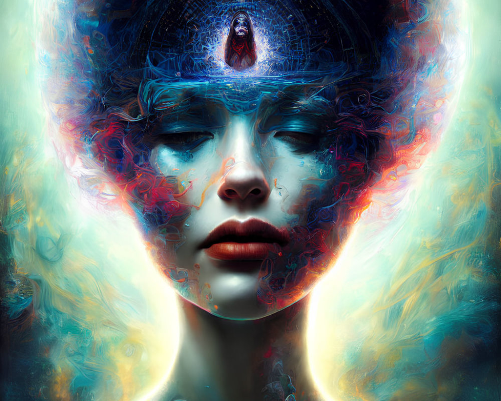 Vibrant surreal portrait with glowing headdress in blue and fiery hues