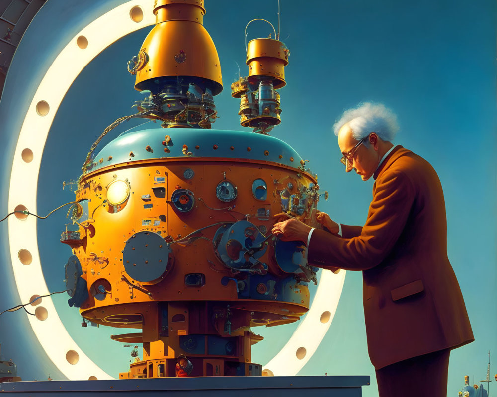 White-haired man adjusts knobs on spherical retro-futuristic machine with pipes and gauges in warm light
