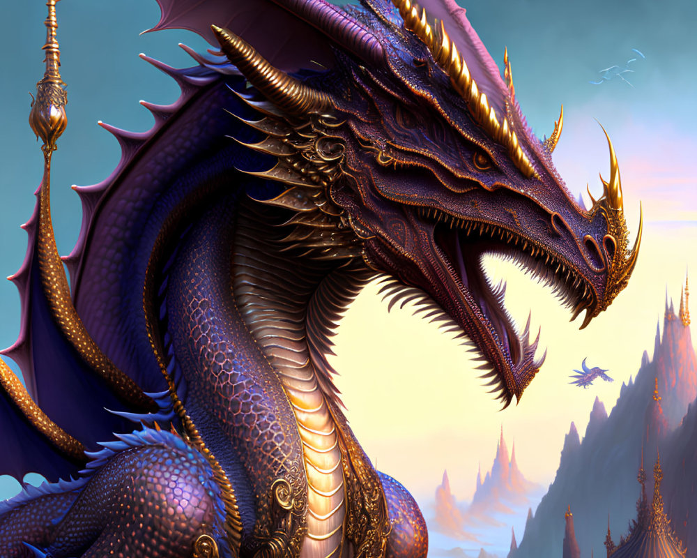 Purple and Gold Dragon with Intricate Scales and Horns on Rocky Landscape