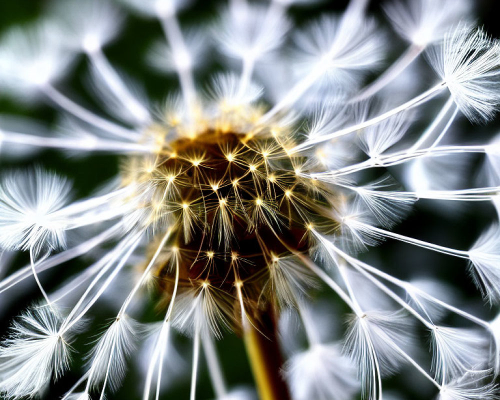Detailed Close-up of Dandelion Seed Head with White Seeds and Thin Filaments on Blurred Green