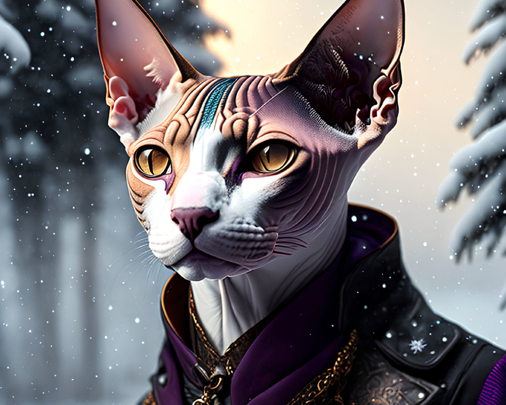 Stylized portrait of Sphynx cat in purple cloak and armor against snowy forest