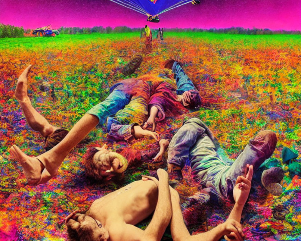 Vibrant Psychedelic Landscape with People in Flower Field