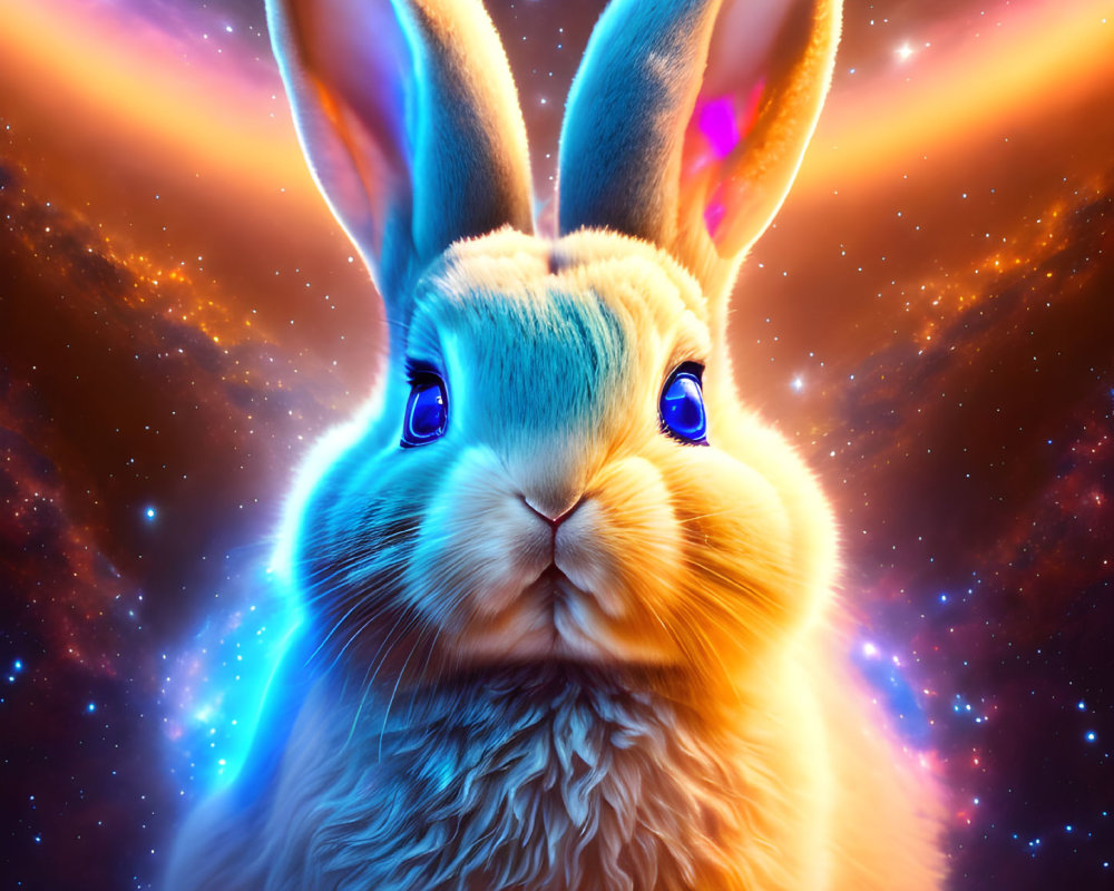 Colorful Rabbit with Blue Eyes in Cosmic Nebulae Background