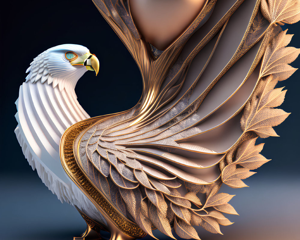 Majestic eagle digital art with gold and white metallic feathers