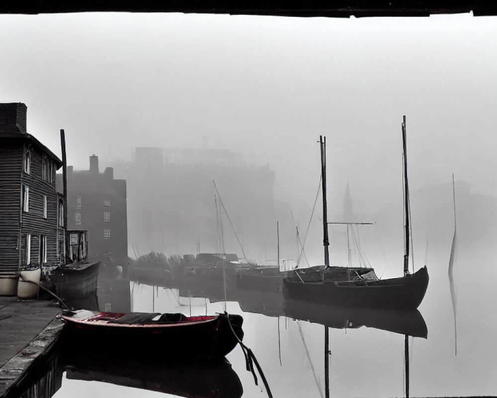 Misty waterfront with boats near wooden dock and buildings in foggy background