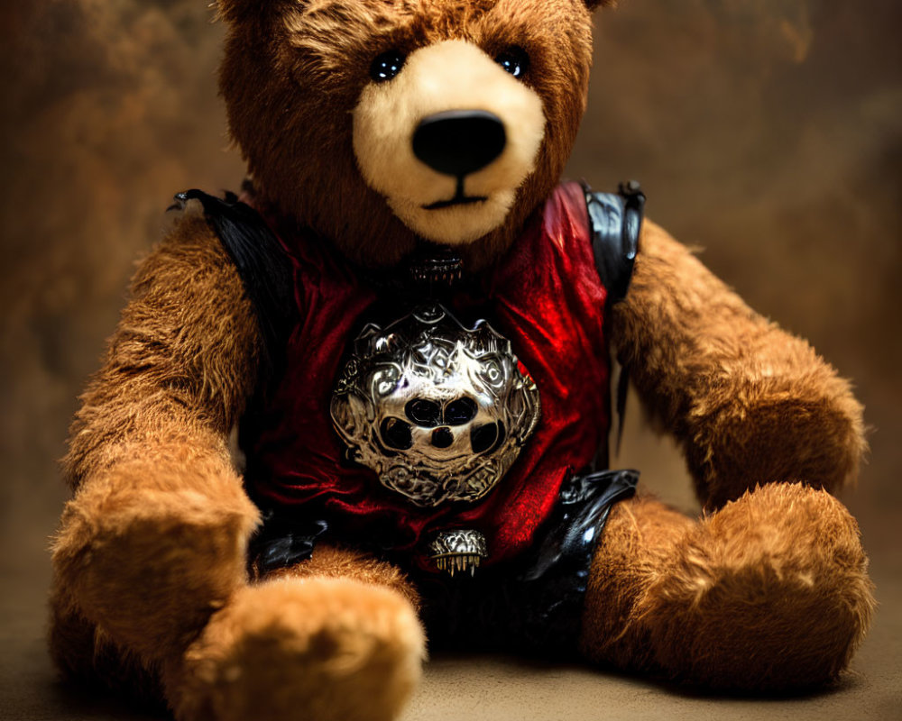 Stylized vest teddy bear against warm backdrop