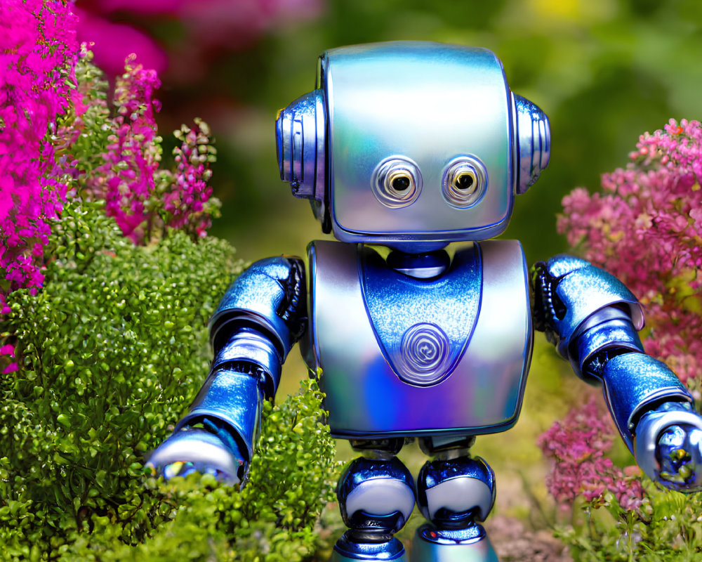 Shiny Blue-Silver Robot Surrounded by Plants and Pink Flowers