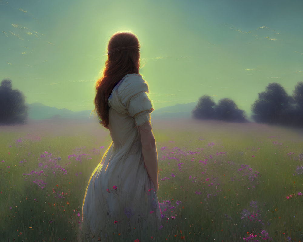Woman in white dress standing in flower-filled meadow at sunrise