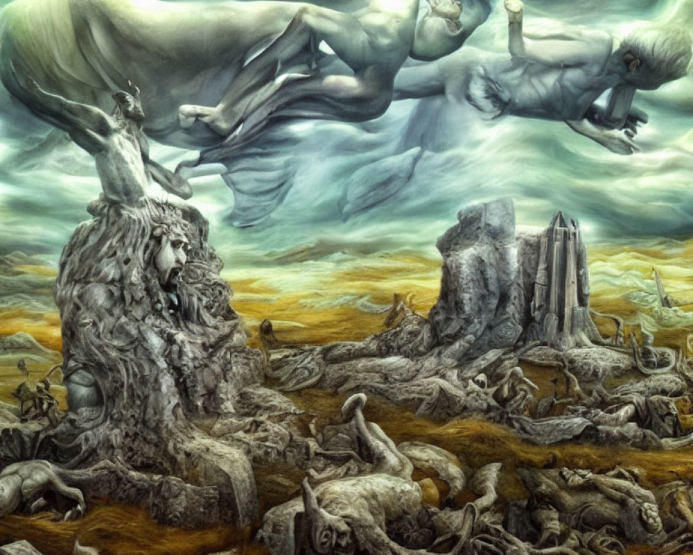Surreal painting of giant figures above desolate landscape