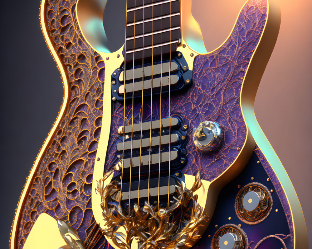 Ornate Fractal Patterned Electric Guitar on Two-Tone Background