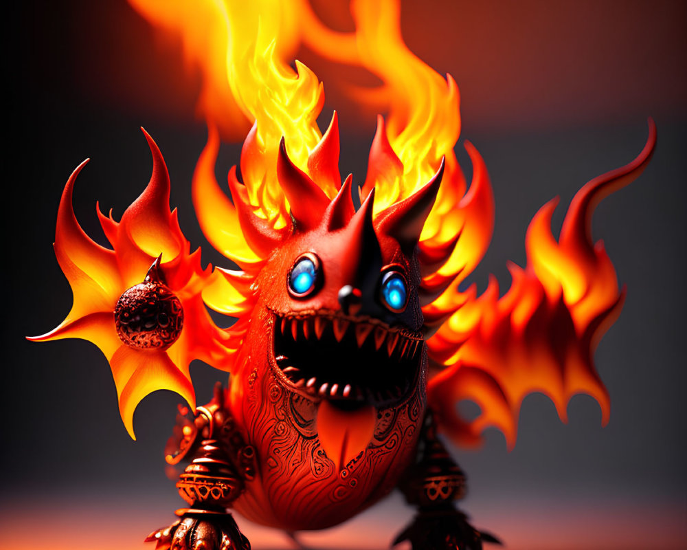 Blue-eyed animated character with fiery orange flames on dark background