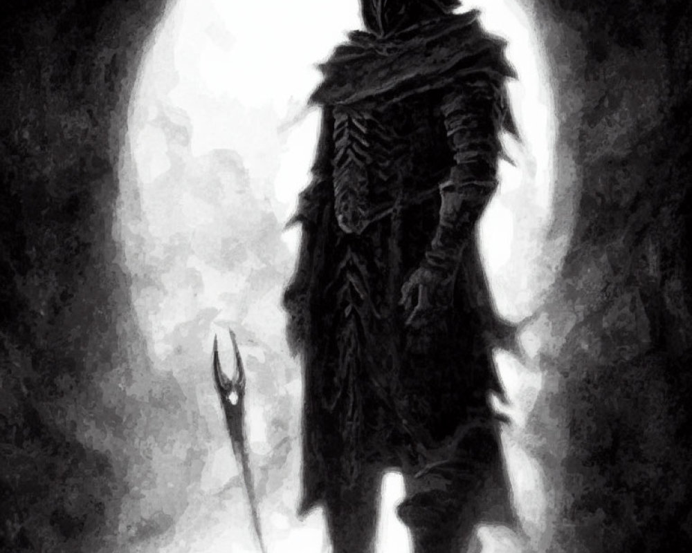 Cloaked figure with spear under full moon