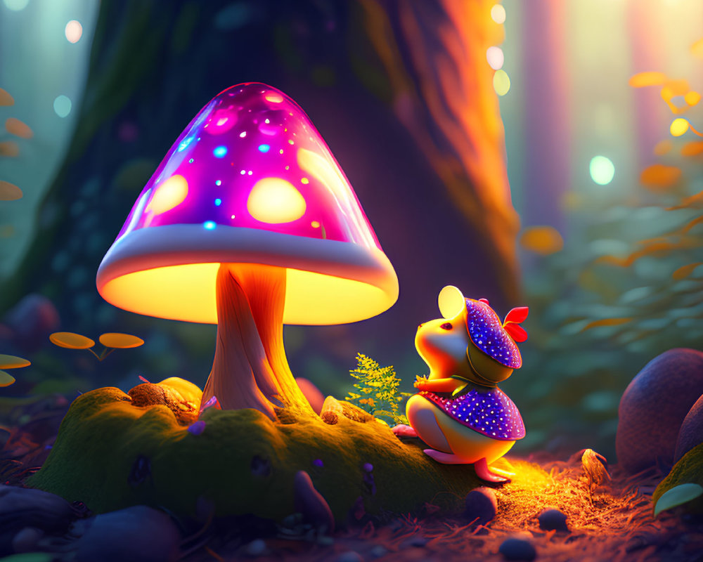 Colorful Glowing Mushroom and Whimsical Creature in Enchanted Forest