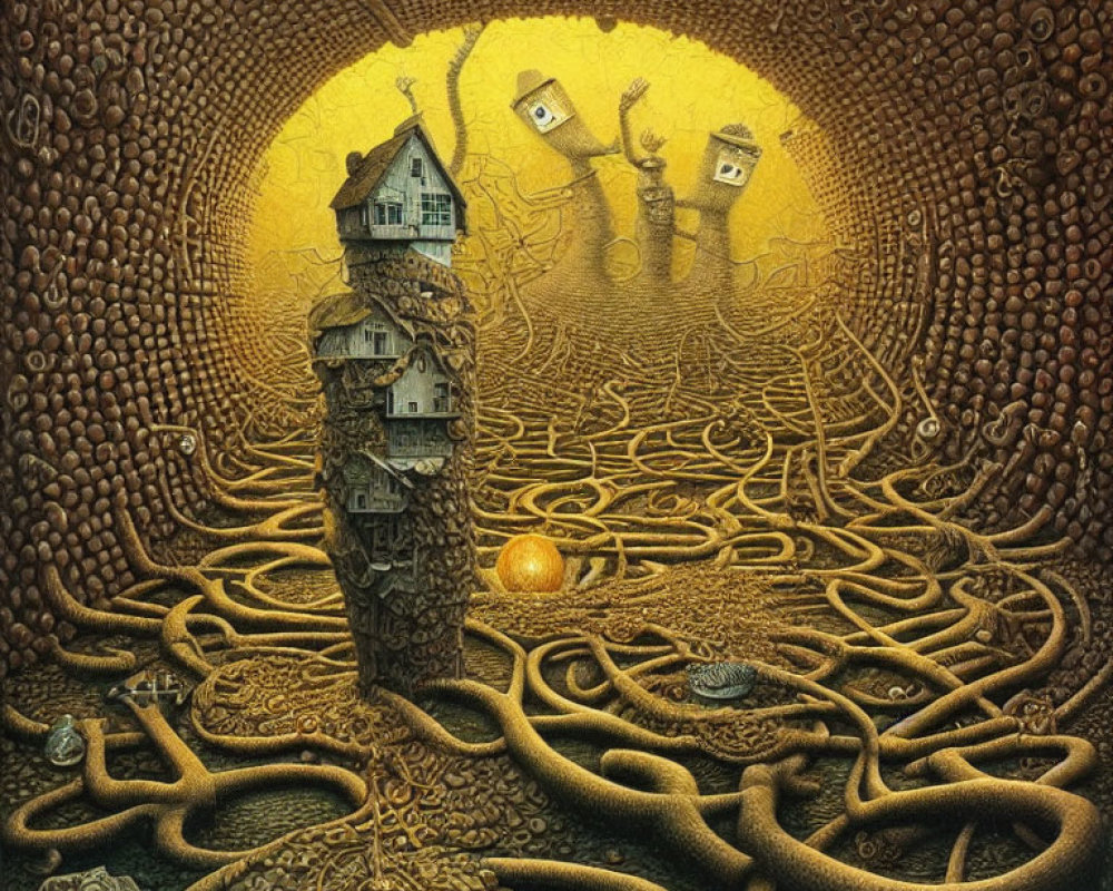 Surreal artwork: Crooked house on twisted roots, floating windows, yellow backdrop