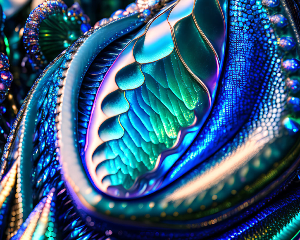 Fractal art with shimmering, iridescent shapes in blue, teal, and gold