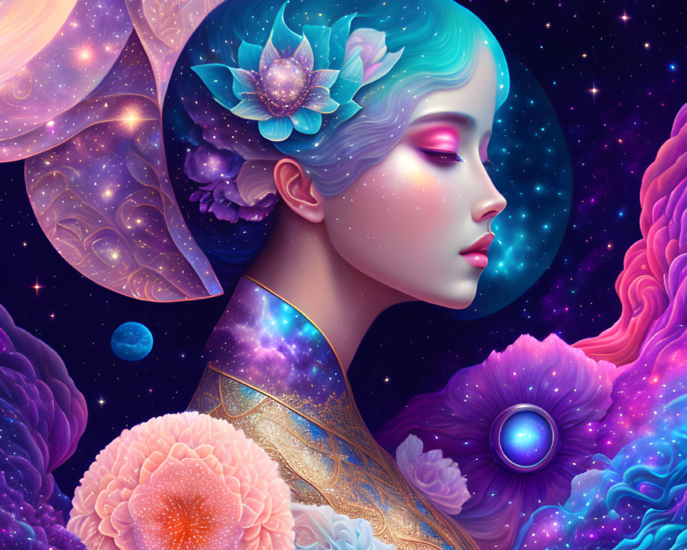 Colorful digital artwork of woman's profile with cosmic elements and flowers on starry space backdrop