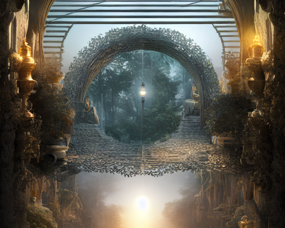 Stone archway with statues and lamps leading to misty forest path at sunrise or sunset