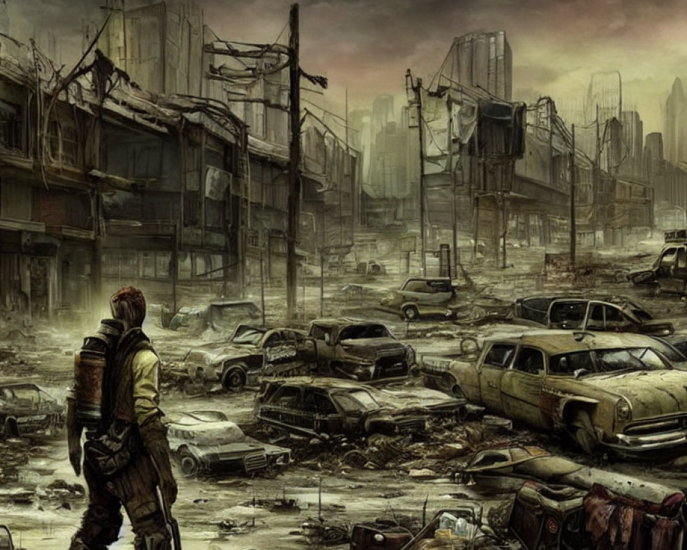 Desolate post-apocalyptic urban landscape with lone figure