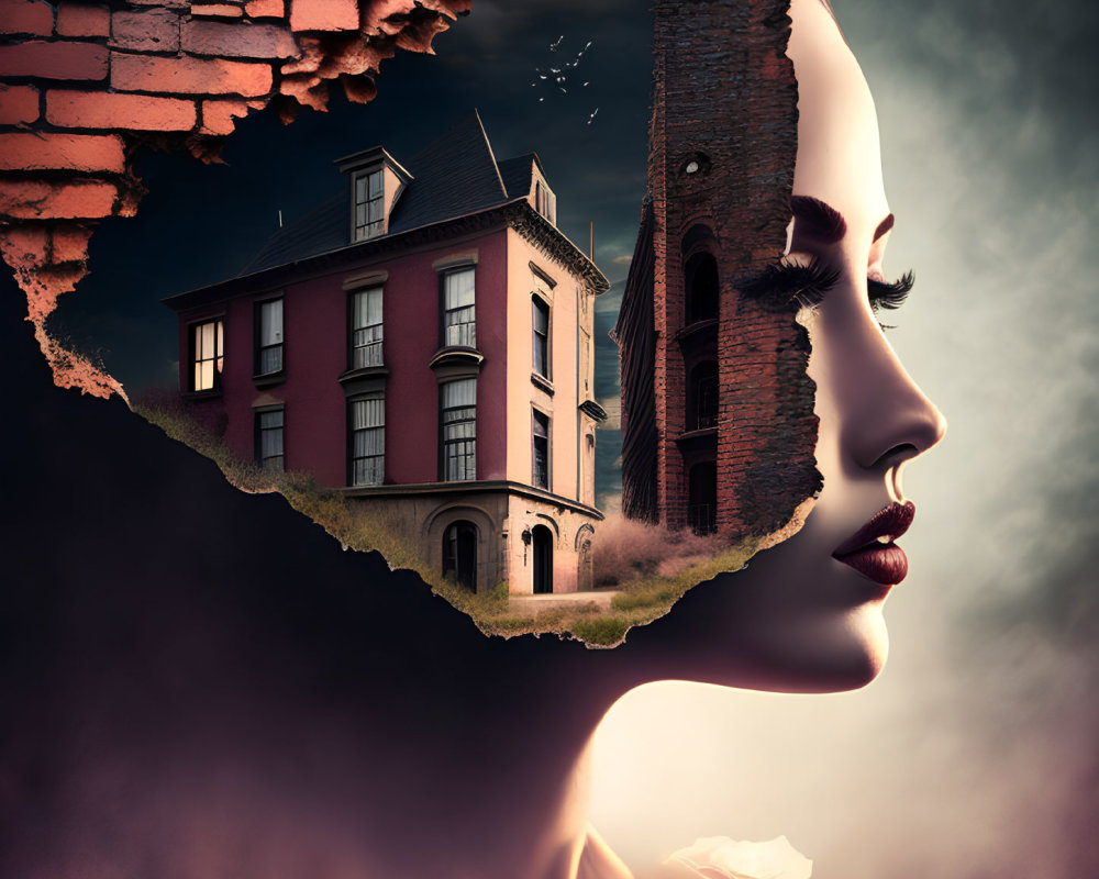 Surreal artwork: Woman silhouette merges with house in brick wall under moody sky, featuring rose