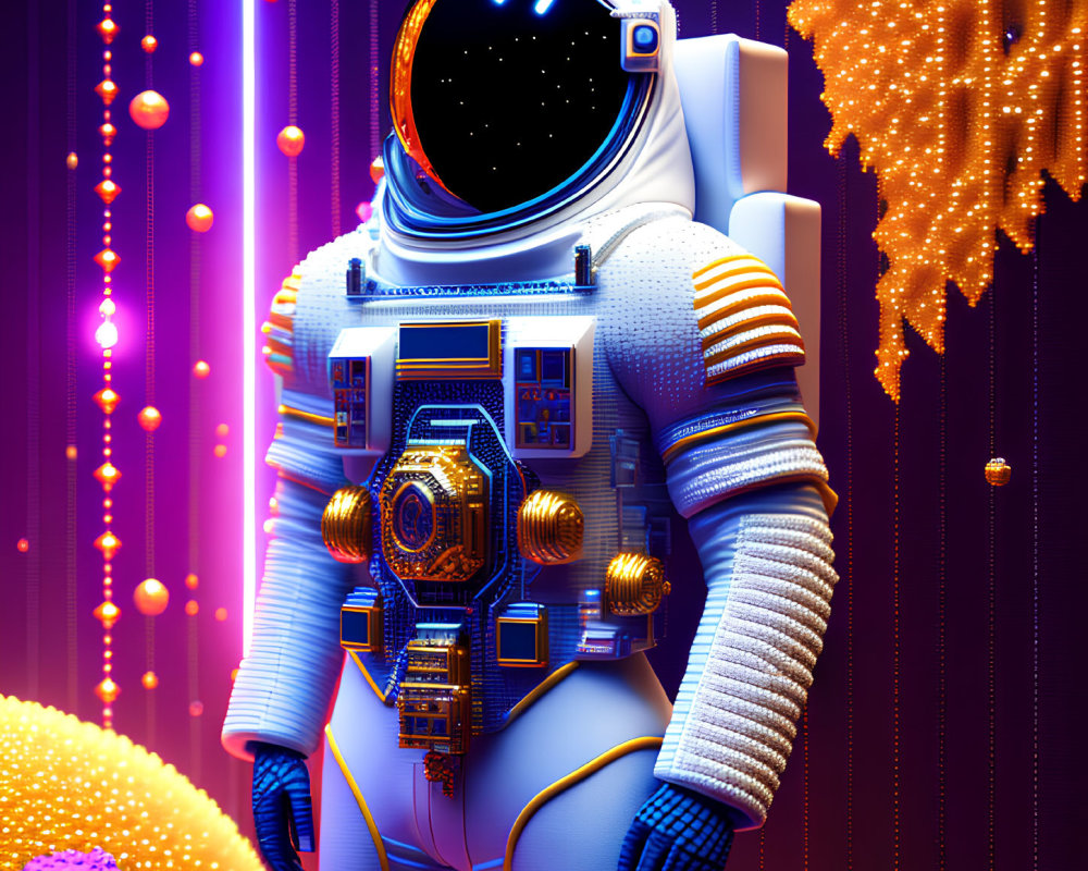 Detailed White Spacesuit with Golden Circuit Patterns on Astronaut Against Neon-Lit Backdrop