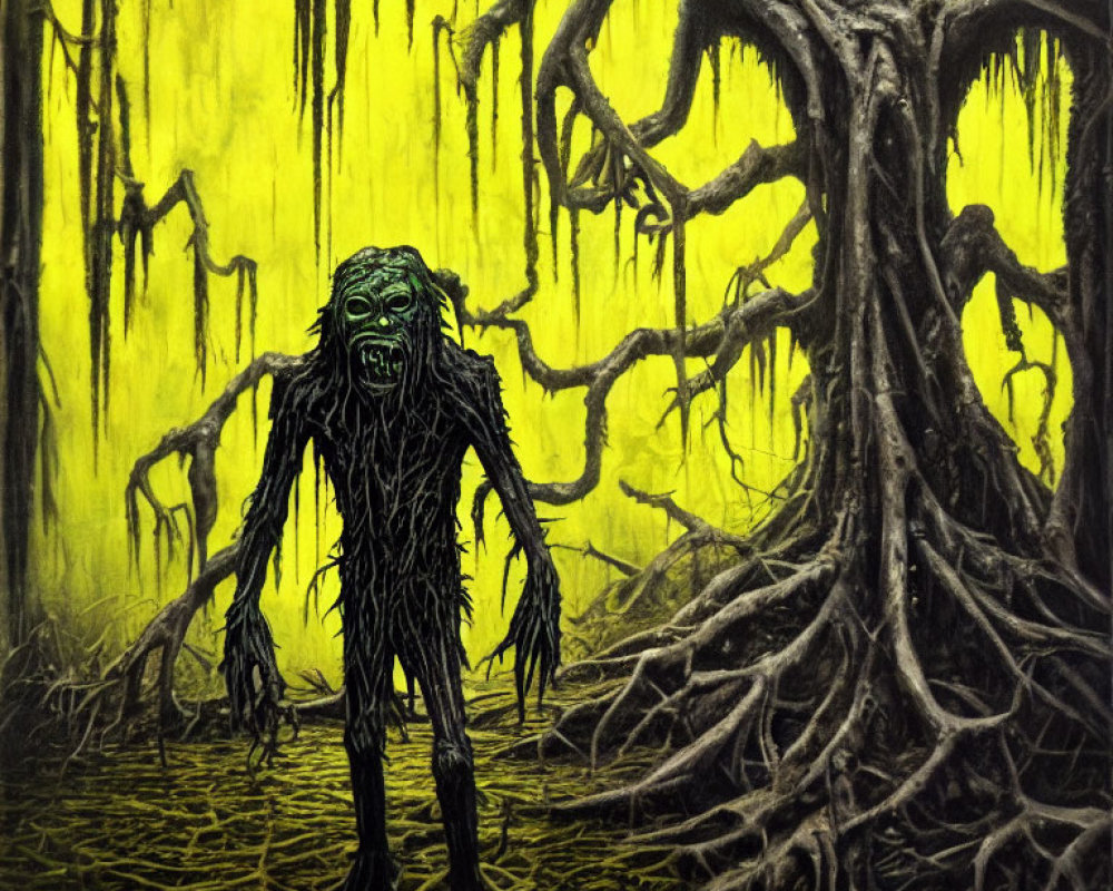Twisted tree-like humanoid in gloomy swampy forest