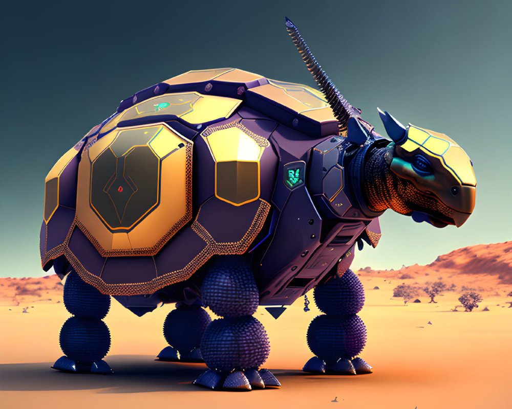 Mechanized tortoise with blue and gold armor in desert landscape