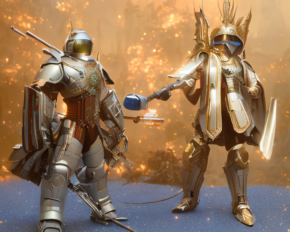 Armored knights with shield and mace in sunset scene