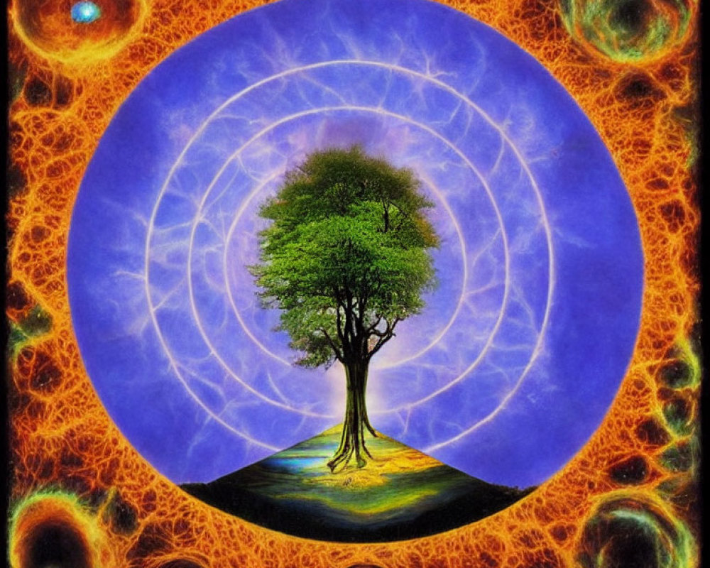 Detailed Illustration: Solitary Tree in Concentric Circles on Cosmic Background