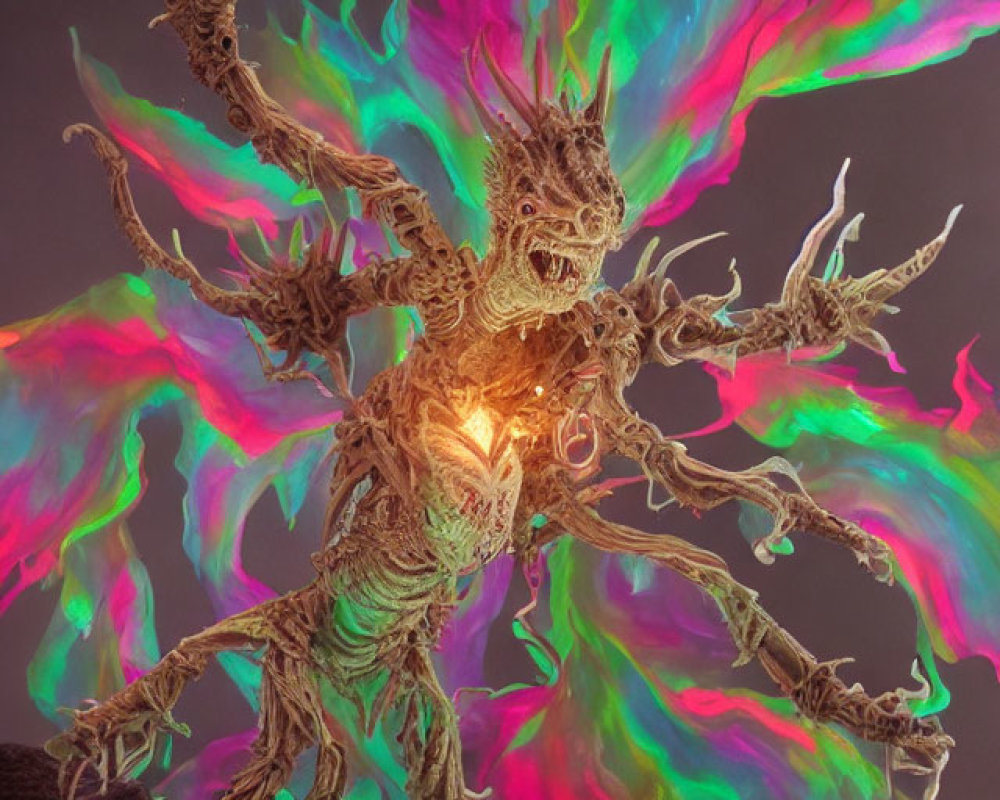 Fantasy tree-like creature with multiple arms and glowing heart in colorful aurora lights