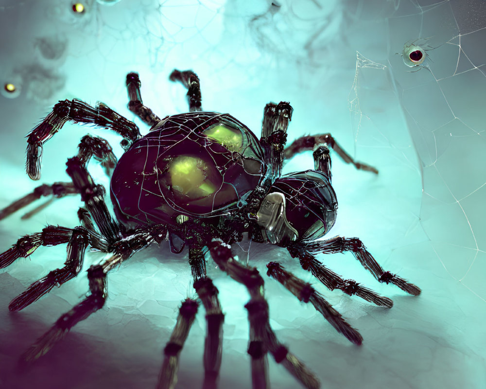 Glossy black robotic spider with green glowing elements in dim setting