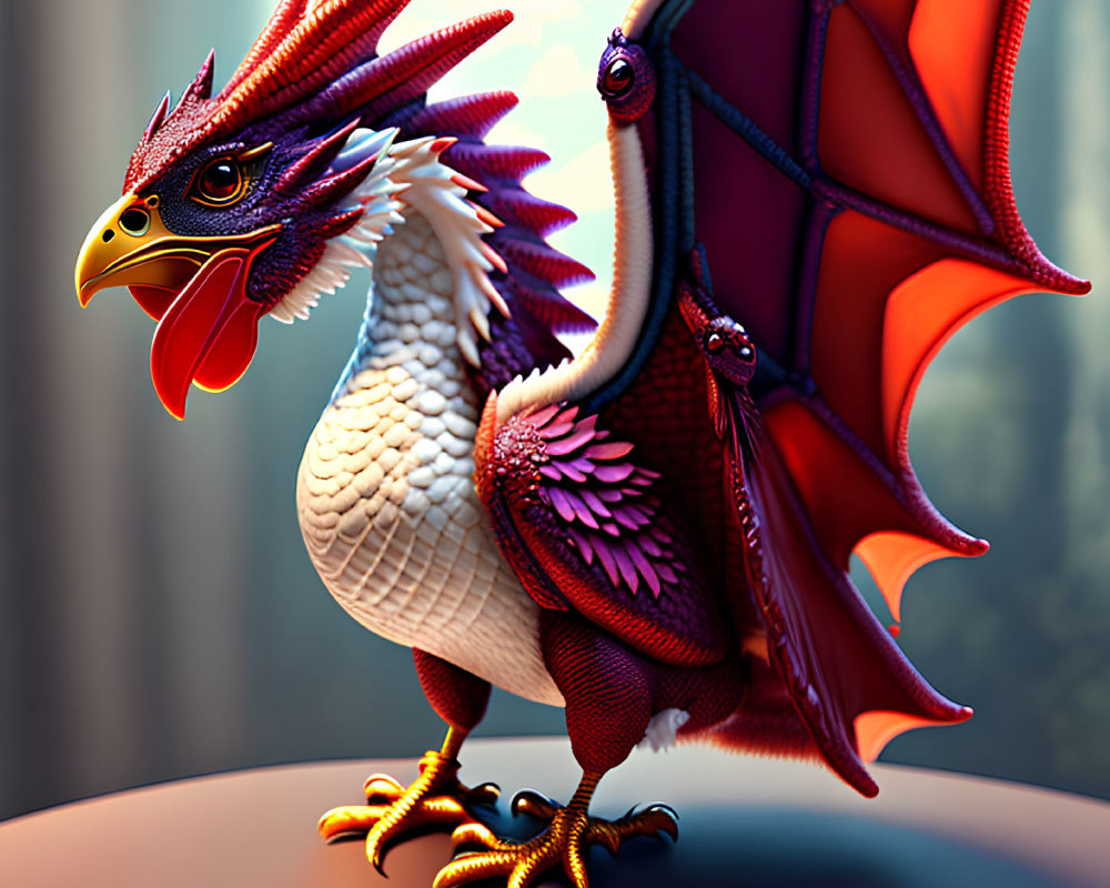 Rooster-headed creature with dragon wings in forest setting