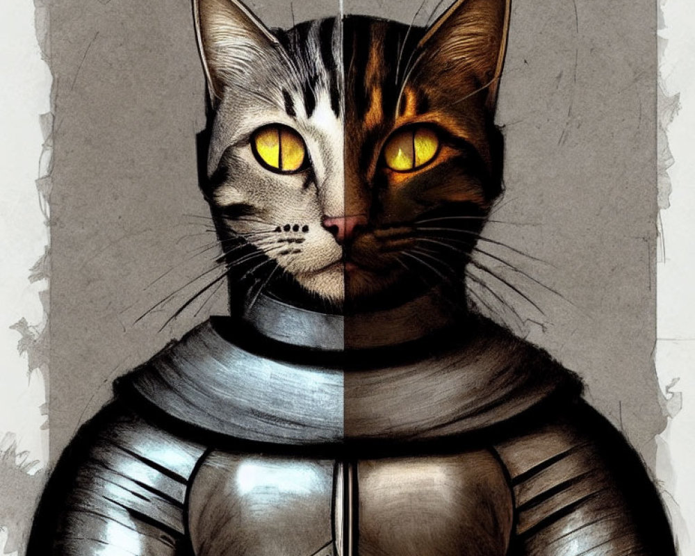 Cat in knight's armor with yellow eyes on textured background
