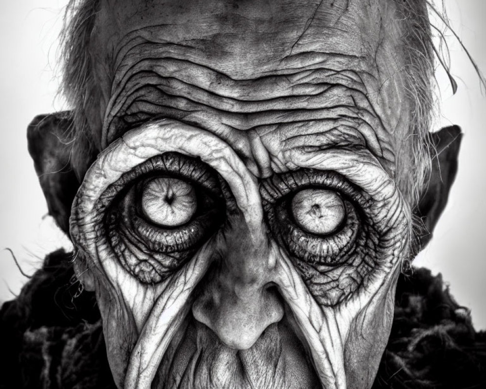 Close-up Black and White Portrait of Elderly Person with Wrinkled Skin and Piercing Eyes