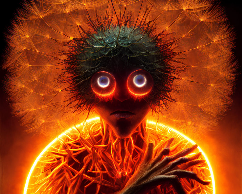 Surreal figure with glowing red eyes and dandelion-seed head in fiery orange setting