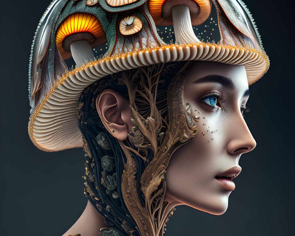Digital portrait of woman with mushroom cap headpiece and botanical details
