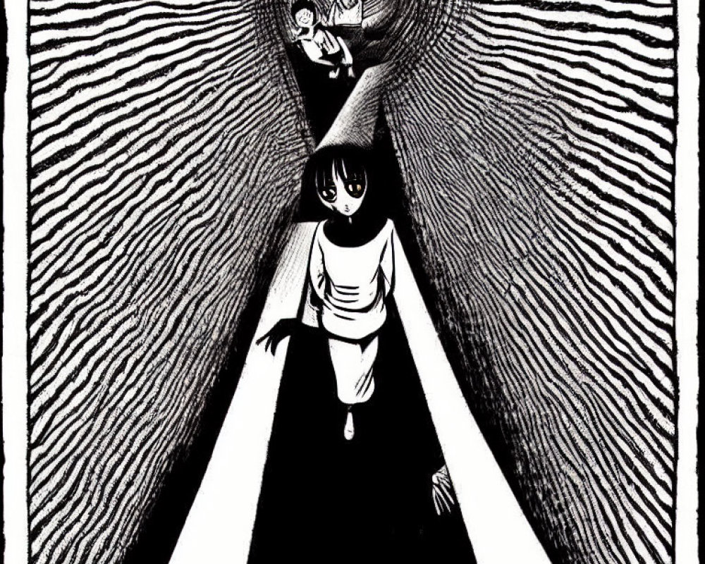 Monochrome illustration of person under spotlight with eerie figure in background amid circles