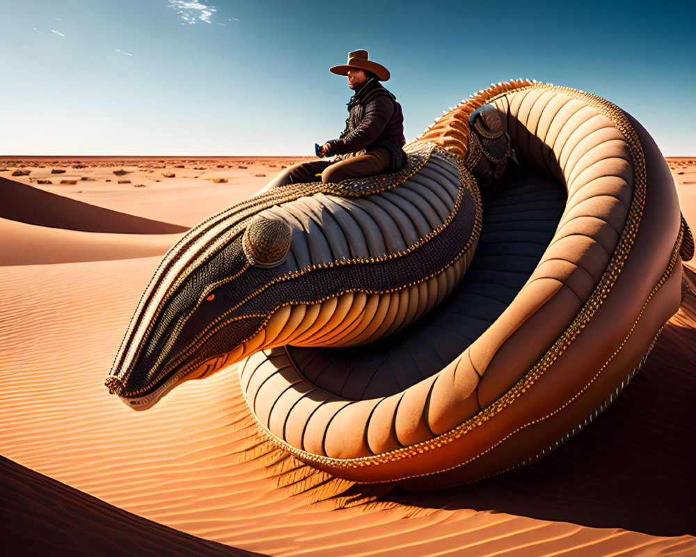 Cowboy Hat Person on Surreal Snake Sculpture in Desert Landscape