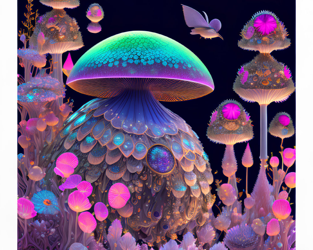 Colorful digital artwork of a fantastical mushroom in a neon-lit setting