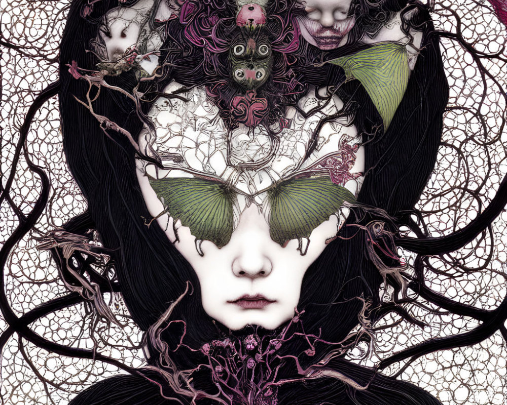 Detailed illustration of pale face with butterfly-winged eyes and dark organic patterns