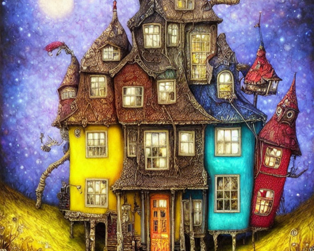 Colorful illustration of whimsical multi-level house under starry night sky