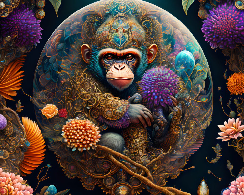 Colorful Illustration of Intricate Monkey in Lush Floral Environment