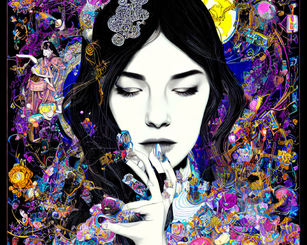 Colorful Psychedelic Artwork of Woman's Face Surrounded by Imaginative Patterns