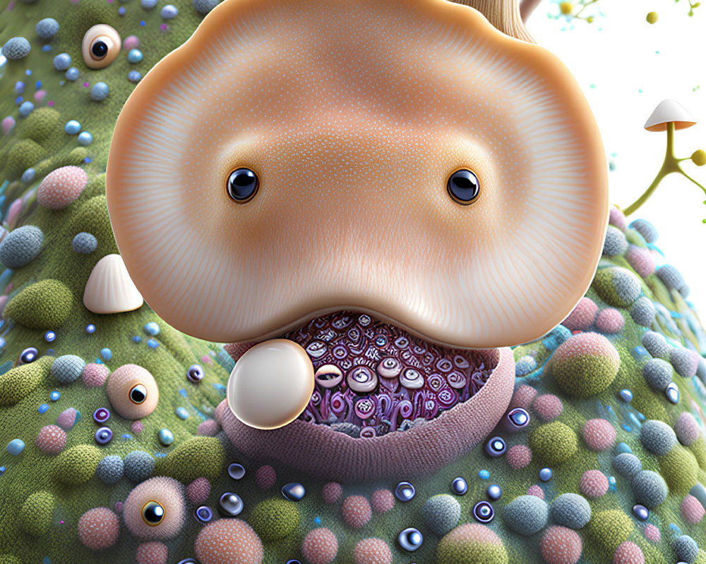 Cartoonish creature with mushroom body and intricate mouth illustration